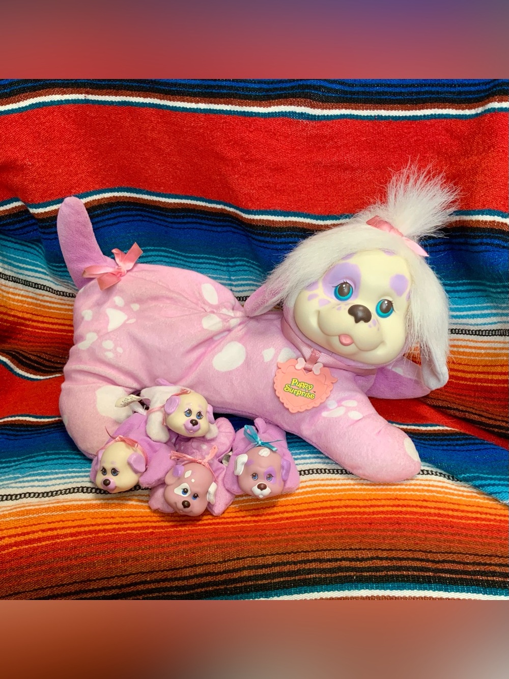 Vintage Puppy Surprise Mom Purple White Spotted Dog Plush 1991 Hasbro 4 Puppies